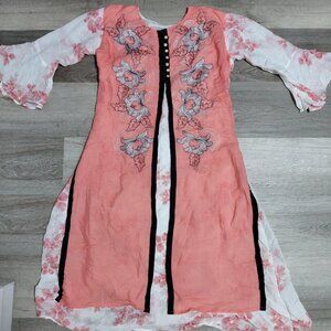 Medium Midi Tunic Shirt Dress Paisley Pattern Coral/Gold, Blue Kurta Style Women